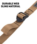 Close-up of tan Baktrak Traction Web Rifle Sling 36 Inch With 500Lb Swivels Slim Non Slip Pad showing durable material.