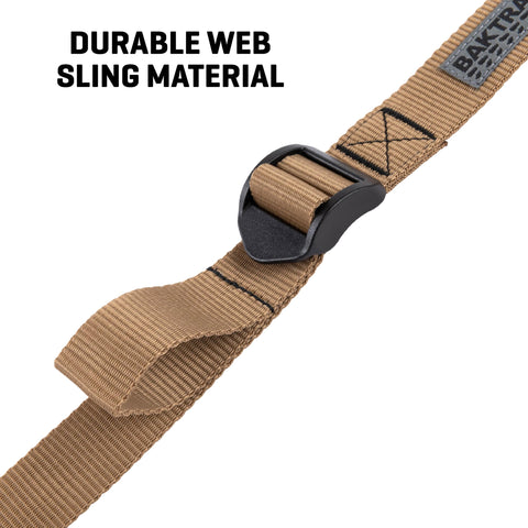 Close-up of tan Baktrak Traction Web Rifle Sling 36 Inch With 500Lb Swivels Slim Non Slip Pad showing durable material.