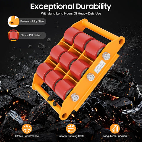 Rock Solid Heavy Duty Machinery Skates With Smooth Rolling Polyurethane Casters For Moving Big Industrial Gear No Sweat Built Tough Alloy Steel Base Supports Up To 15 Ton Loads Easily on a rugged surface.