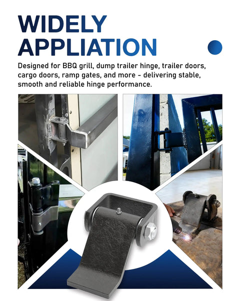 Beefy Weld On Trailer Hinges Set Of Four Heavy Duty Steel Gate And Dump Door Hinge Straps Built To Weld Direct To Frame For A Permanent Ultra Strong Connection Leaf Length Five And Three Eighths Inches Overall Width Four Inches welded on trailer gate hinge in use