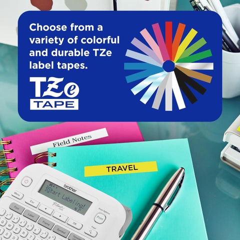 P-Touch PTD220 Label Maker for Home Office Use with colorful TZe tapes on multicolored notebooks and stationery items.