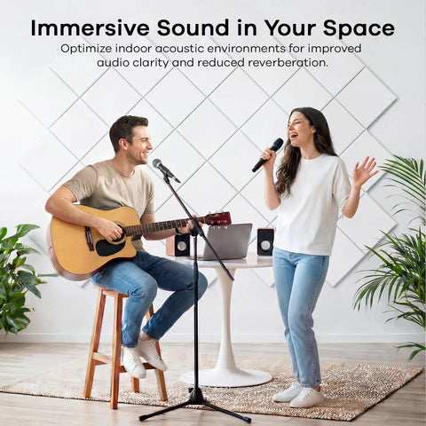 People singing with guitars in front of Square Acoustic Panels 12 By 12 By 0.4 Inches High Density Polyester Sound Absorbing Panels