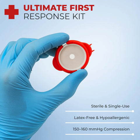 Gloved hand holding a red and white finger tourniquet from the Finger Cut Tourniquet Wound Care Kit For Quick At Home Or Grab And Go First Aid