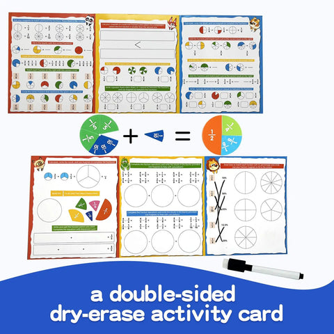 Magnetic Fraction Tiles And Circles Set With Dry Erase Board For Visual Math Learning, showing activity card and dry erase marker.