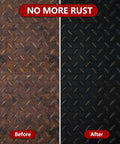 Before and after using Rust Converter And Metal Primer For Metal Surfaces, 141 Fl Oz Black Rust Inhibitor Paint on a metal sheet.