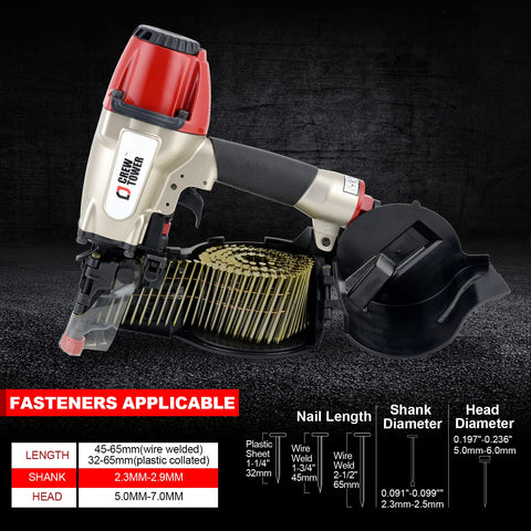 CN565B Beast 15 Gauge Siding Nail Gun Coil Pneumatic with attached coil nails, suitable for siding, sheathing, fencing.