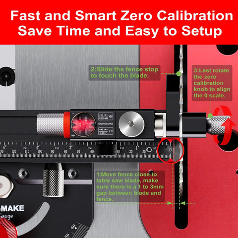 Close-up of Table Saw Miter Gauge With Micro Adjustable Flip Stop And Extendable Fence showing calibration instructions
