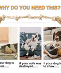 Indestructible Rope Toy For Heavy Chewers, 3 Feet Long With 5 Knots on display with images of dogs and damaged items