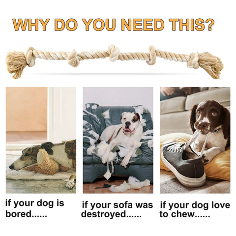 Indestructible Rope Toy For Heavy Chewers, 3 Feet Long With 5 Knots on display with images of dogs and damaged items