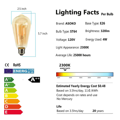Dimmable LED Edison Bulbs 4W Amber Glass ST64 Warm White 2200K-2400K E26 Base 320 Lumens Pack of 6 lighting facts and bulb size