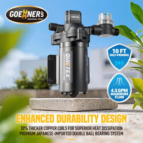 Ultra Quiet 12V DC RV Water Pump With 4.5 GPM And 45 PSI Diaphragm Design, featuring durability and self-priming features.