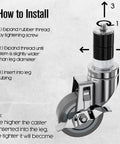 How to install Set Of 4 Heavy Duty Table Casters With 3 Inch Non Marking Rubber Wheels. Instructions showing expansion and insertion.