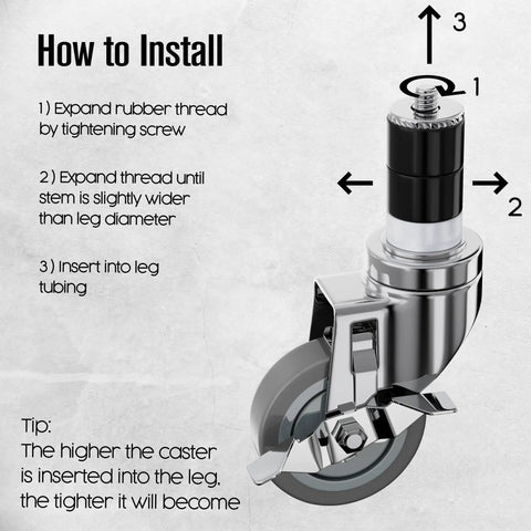 How to install Set Of 4 Heavy Duty Table Casters With 3 Inch Non Marking Rubber Wheels. Instructions showing expansion and insertion.