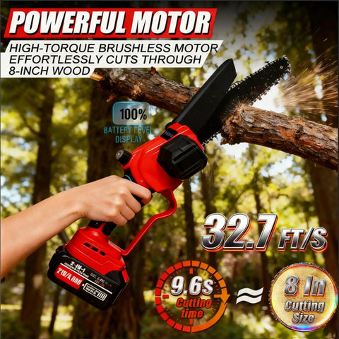 Do It All Cordless Pole Saw Kit For Easy Tree Trimming With 8 Inch Bar Mini Chainsaw cutting tree limb, battery level displayed