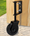 Heavy Duty 4.3 Inch Gate Wheel With Spring Loaded 360 Degree Swivel Rubber Roller For Barn And Wooden Gates Rust Resistant Outdoor Caster Single Pack Smooth As Butter Glide Rig mounted on wooden gate.