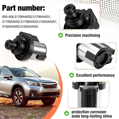 Subaru Transmission Torque Converter Clutch Solenoid 3 Ohm To 3.5 Ohm Replacement For Lineartronic CVT TR580 TR690 Fits Forester Crosstrek Outback Legacy Impreza 31825AA050 31825AA051 31825AA052, black metal solenoid close-up