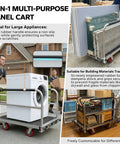 Heavy Duty Two In One Flatbed Panel Cart 36 By 24 Inches With Rubber Mat And Three Handrails 2600 Lb Capacity Drywall And Lumber Cart All Steel Hand Truck With Two Swivel Casters transporting large appliances and building materials outdoors and in warehouse settings.