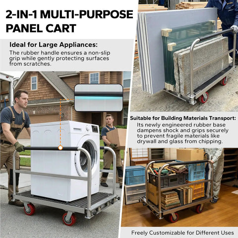 Heavy Duty Two In One Flatbed Panel Cart 36 By 24 Inches With Rubber Mat And Three Handrails 2600 Lb Capacity Drywall And Lumber Cart All Steel Hand Truck With Two Swivel Casters transporting large appliances and building materials outdoors and in warehouse settings.