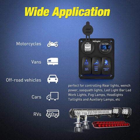 3 Gang Rocker Switch Panel With USB Charger And LED Voltmeter for 12V cars, trucks, boats, ATVs, RVs, and marine use application diagram