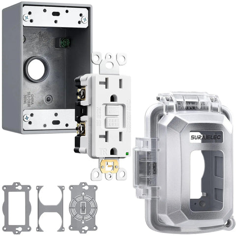 1-Gang Outdoor GFCI Outlet Kit With Weatherproof Cover And Junction Box, 20 Amp GFCI Receptacle, ETL Listed, UL Listed, Non-Metallic Extra-Duty Box, Grey