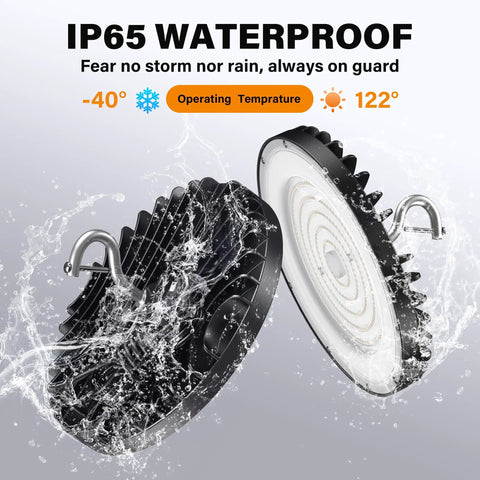 4 Pack UFO LED High Bay Light 200W With 6000K Daylight, 30000 Lumens, IP65 Waterproof, showing water resistance in use