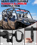 Adjustable 2 Pack Utv Gun Rack With Slick Protective Foam Mount For 1 To 2 Inch Roll Cage Grips Tight On Rough Terrain Universal Fit For Polaris Rzr Ranger Can Am Atv Boat mounted on UTV showing durable rubber and aluminum construction.