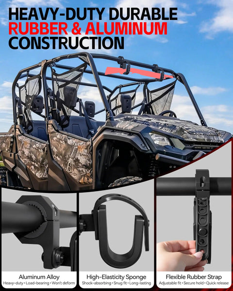 Adjustable 2 Pack Utv Gun Rack With Slick Protective Foam Mount For 1 To 2 Inch Roll Cage Grips Tight On Rough Terrain Universal Fit For Polaris Rzr Ranger Can Am Atv Boat mounted on UTV showing durable rubber and aluminum construction.