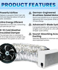 Top Tier Whole House Fan With Ultra Quiet Motor And R13 Damper showing product features like blades, insulated damper, and ducting