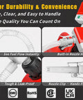 Front view: Auto-Stop fuel transfer pump, red handheld electric pump with 51-inch hose and nozzle holder.