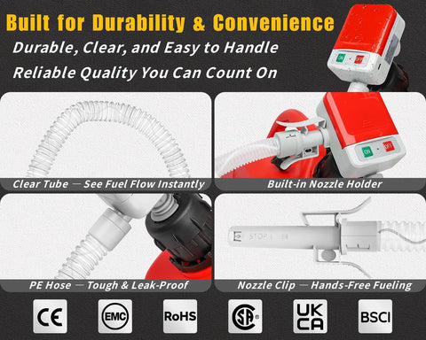 Front view: Auto-Stop fuel transfer pump, red handheld electric pump with 51-inch hose and nozzle holder.
