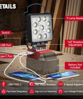 Led Work Light For 18V Lithium Battery Tools 54W 5400Lm Cordless Flood Light with USB-C and battery base on workbench