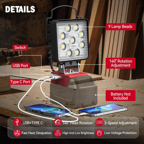 Led Work Light For 18V Lithium Battery Tools 54W 5400Lm Cordless Flood Light with USB-C and battery base on workbench