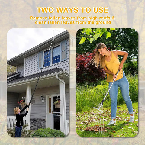 Telescoping Roof And Yard Rake For Leaves And Debris Cleanup Dual Use From Roof To Lawn Extends From 6.62 To 31 Feet Detachable Rake Head For Versatile Roof And Garden Cleaning in use on roof and lawn.