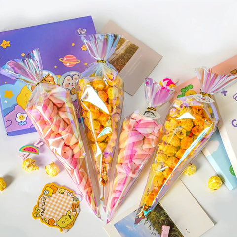 50 Pack Cone Shaped Clear Cellophane Treat Bags With Twist Ties Rainbow Color Party Favor Bags For Treats And Gifts Displayed