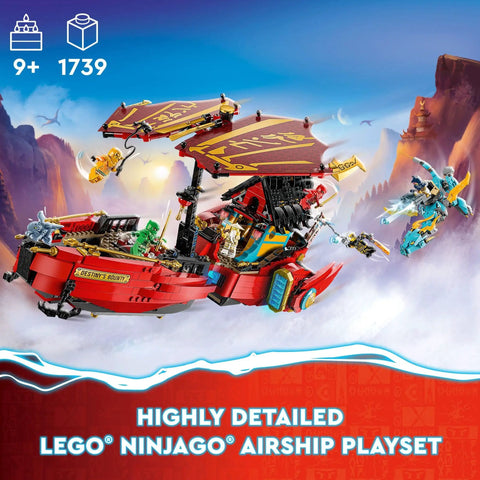 Ninjago Destiny's Bounty Race Against Time 71797 Airship Battle Set With 6 Minifigures, 2 Dragons in action in mountain scene.