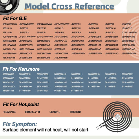 Model compatibility chart for 13 Pack Black Porcelain Burner Drip Pan Set For GE Hotpoint Kenmore Electric Ranges.
