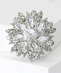 Blue Center Gem Rhinestone Flower Brooch For Women Eight Color Inlay Crystal Pins Jewelry Accessory For Office Party Casual Wear A Luxe Sparkly Statement Piece That Elevates Any Outfit And Makes A Great Gift, shown in silver-tone with clear rhinestones arranged in a floral design.