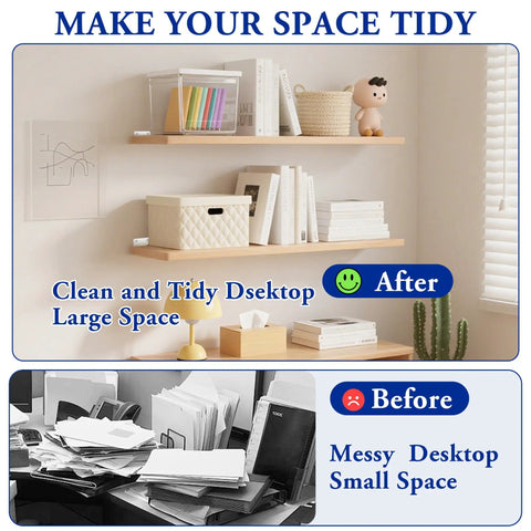 Heavy Duty L Shelf Brackets Built Tough 6 Inch Hidden Mount Corner Wall Shelves Supports One Fifth Inch Thick Metal White 4 Pack For Home DIY Projects Rust Resistant Finish For Long Lasting Use In Any Room shown organizing a tidy space above a messy desk