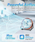 Beefy Heavy Duty 24 Inch Industrial Drum Fan High Velocity Floor Fan With 3 Speed Settings in large room, orange color
