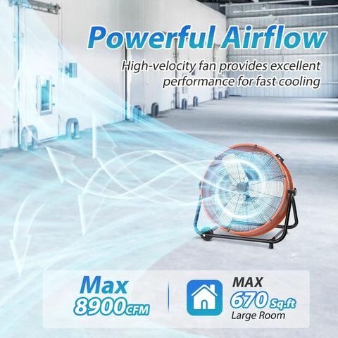 Beefy Heavy Duty 24 Inch Industrial Drum Fan High Velocity Floor Fan With 3 Speed Settings in large room, orange color