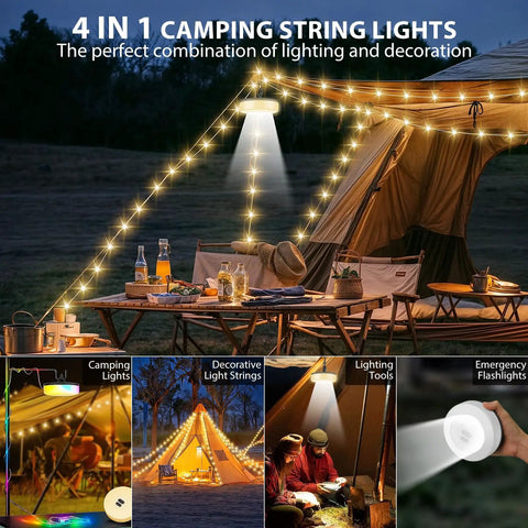 4 In 1 Camping String Light With Rechargeable Battery Thirty Two Point Eight Feet Of Hanging Waterproof Portable LED Lamp for tents