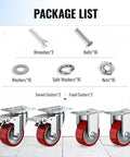 Heavy Duty 3 Inch Caster Wheels Set Of 4 With Thick Steel Brackets And Total Lock Brakes rated package list with wrenches, bolts, and washers.