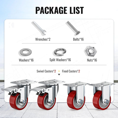 Heavy Duty 3 Inch Caster Wheels Set Of 4 With Thick Steel Brackets And Total Lock Brakes rated package list with wrenches, bolts, and washers.