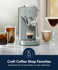 Compact Espresso Machine And Cold Brew Coffee Maker With Adjustable Milk Frother Wand For Smooth Hot Iced Lattes And Bold Cappuccinos in Pistachio Green with drinks.