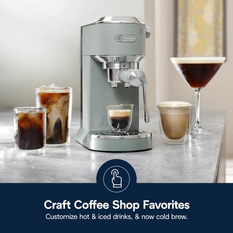Compact Espresso Machine And Cold Brew Coffee Maker With Adjustable Milk Frother Wand For Smooth Hot Iced Lattes And Bold Cappuccinos in Pistachio Green with drinks.
