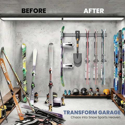 Heavy Duty Ski And Snowboard Wall Mount Rack Hangs And Stashes 6 Pairs Of Boards To Clean Up The Garage and Get You Shred Ready With Rock Solid Build Quality Max Load Capacity in garage before and after installation.
