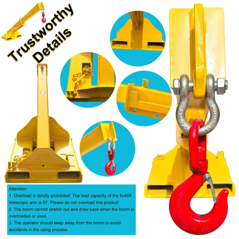 Heavy Duty Forklift Jib Boom Telescopic Crane Attachment With Heavy Gauge Hook 11000 LB Capacity close-up of hook and arm details.