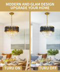 Crystal Pendant Light Fixture 1 Light Chrome Cylinder Pendant With Teardrop Acrylic Crystals in dining room, on and off view.
