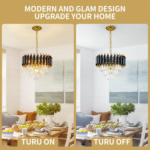Crystal Pendant Light Fixture 1 Light Chrome Cylinder Pendant With Teardrop Acrylic Crystals in dining room, on and off view.