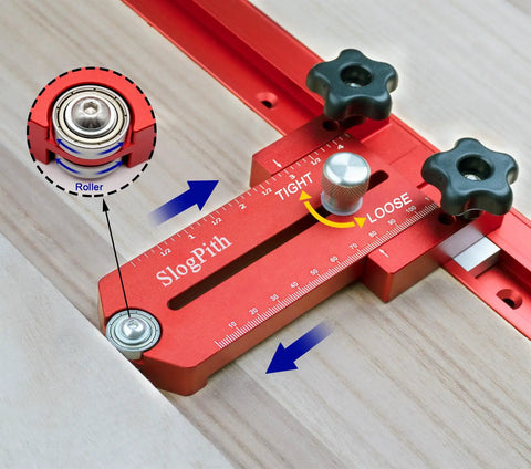 Extended Thin Rip Jig Table Saw Fence Guide For Dead On Repeat Narrow Strip Cuts Heavy Duty Aluminum Miter Slot Clamp with scale and roller.